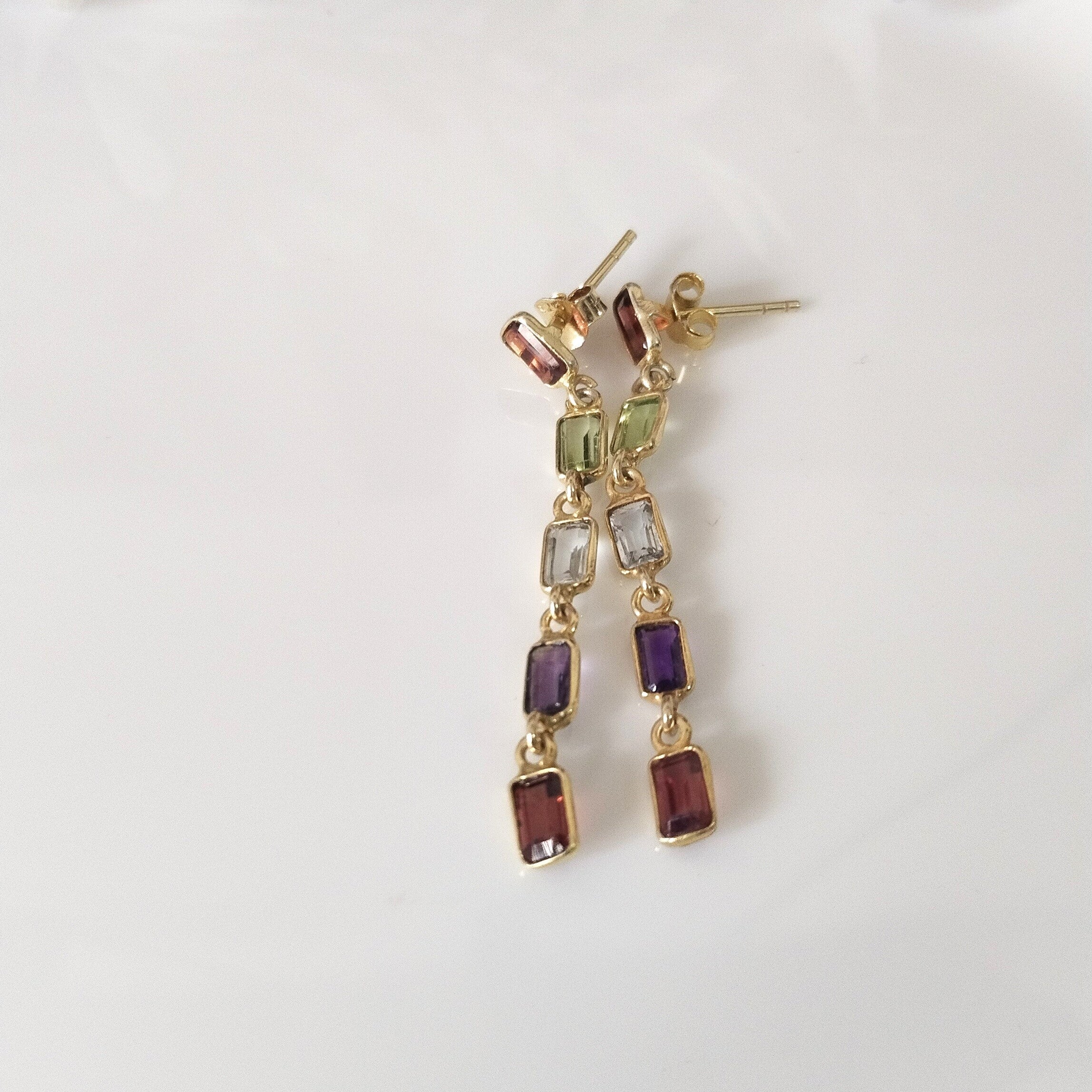Multi Stone Baguette Earring, 14k Gold Earrings