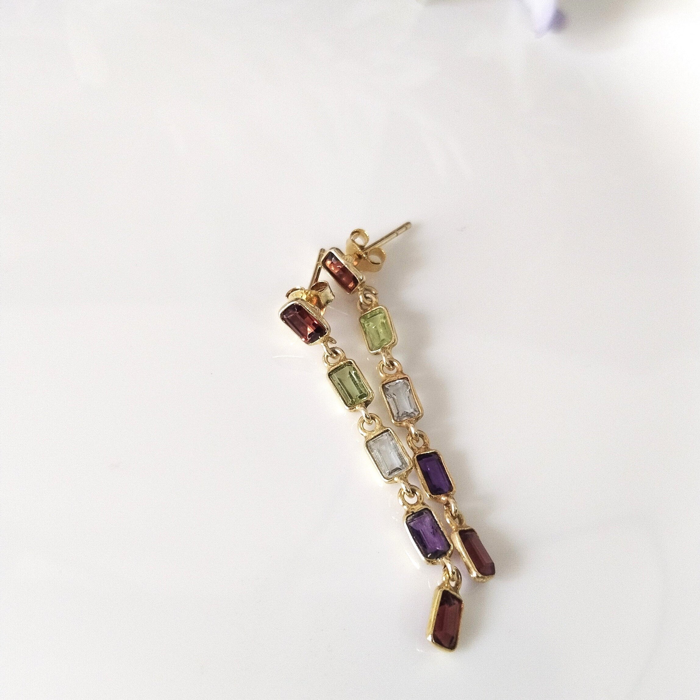 Multi Stone Baguette Earring, 14k Gold Earrings