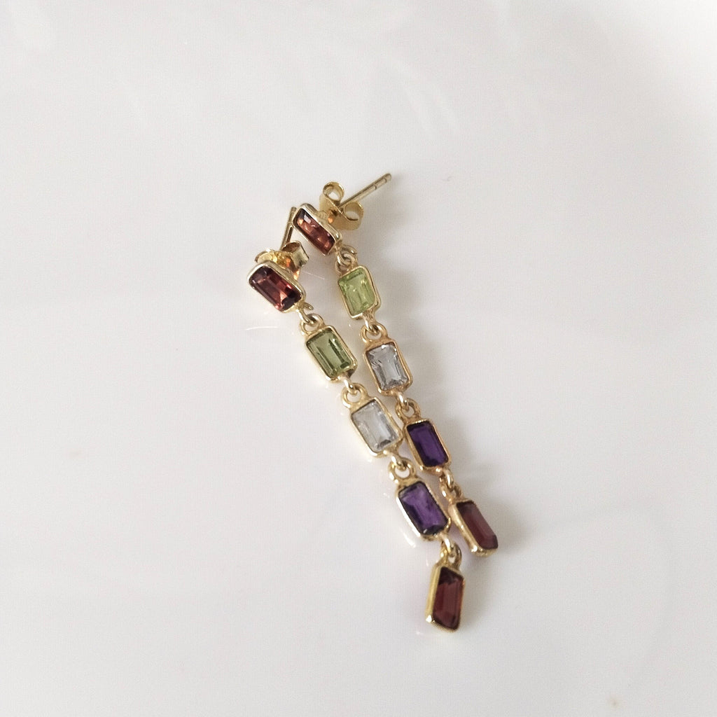 Multi Stone Baguette Earring, 14k Gold Earrings