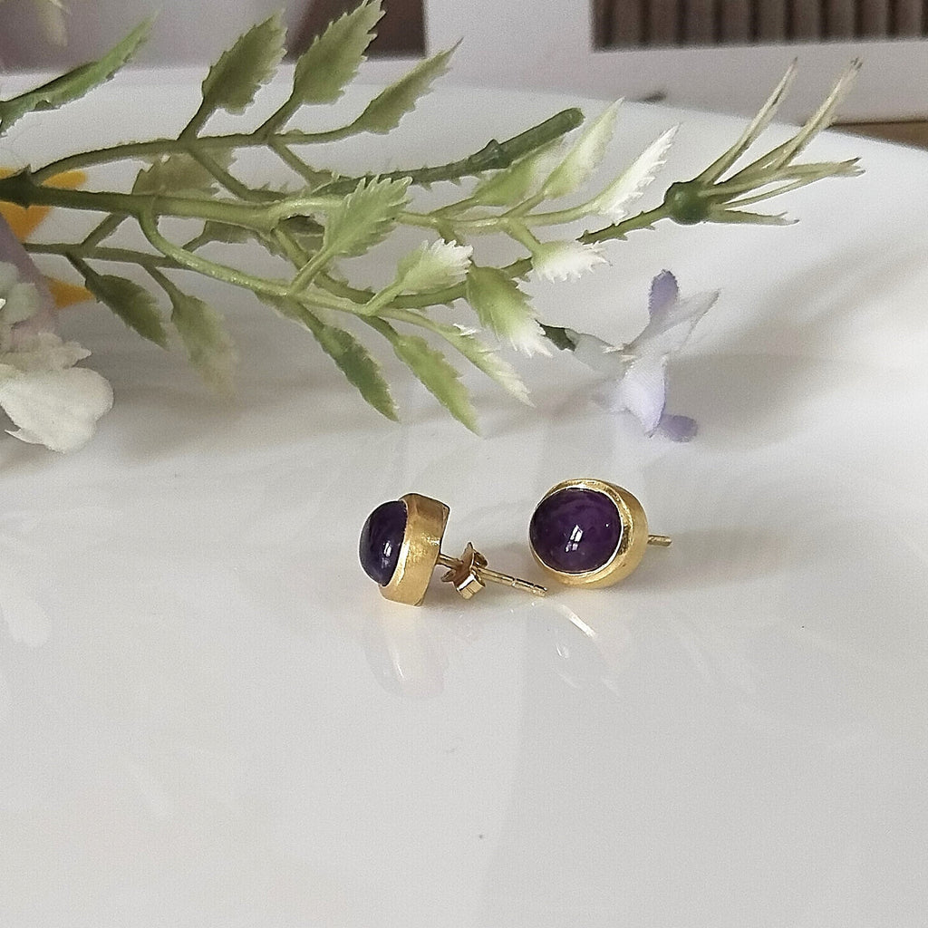 Amethyst Oval 14k Gold Stud Earrings, Minimalist Stone Earrings