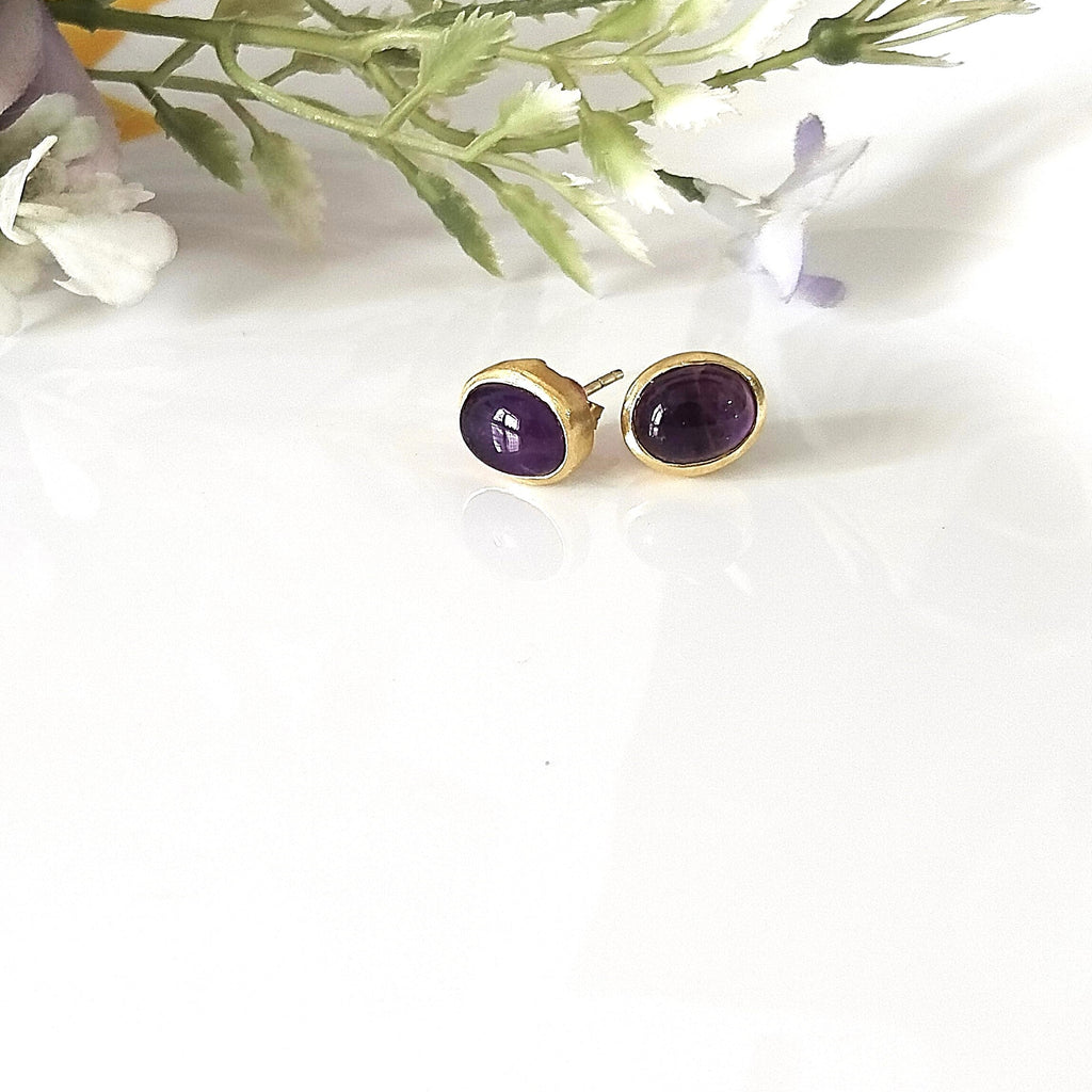 Amethyst Oval 14k Gold Stud Earrings, Minimalist Stone Earrings