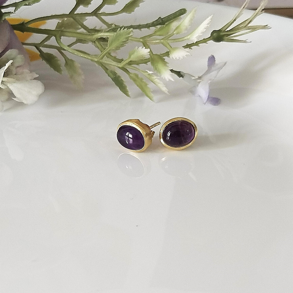 Amethyst Oval 14k Gold Stud Earrings, Minimalist Stone Earrings