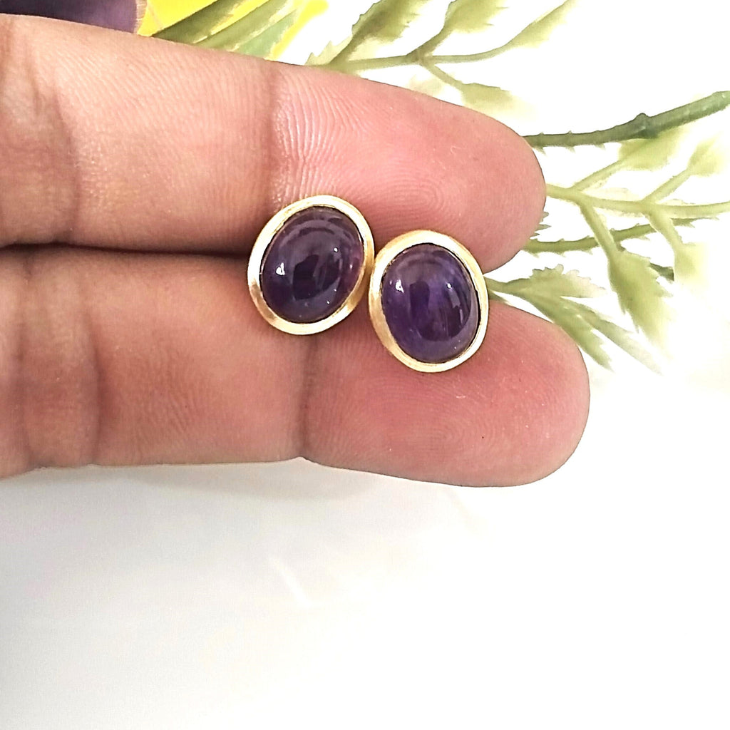 Amethyst Oval 14k Gold Stud Earrings, Minimalist Stone Earrings
