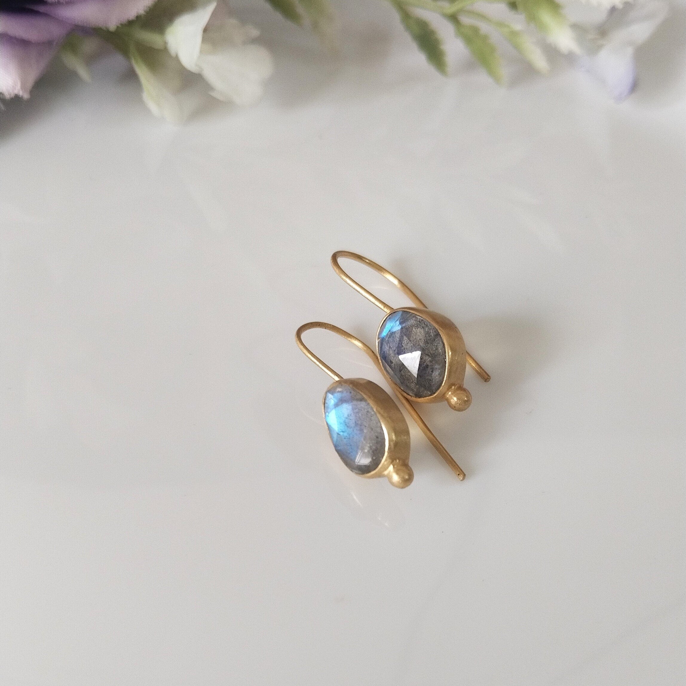 14k Gold Labradorite Earrings, Minimalist Stone Earrings, Gift For Her