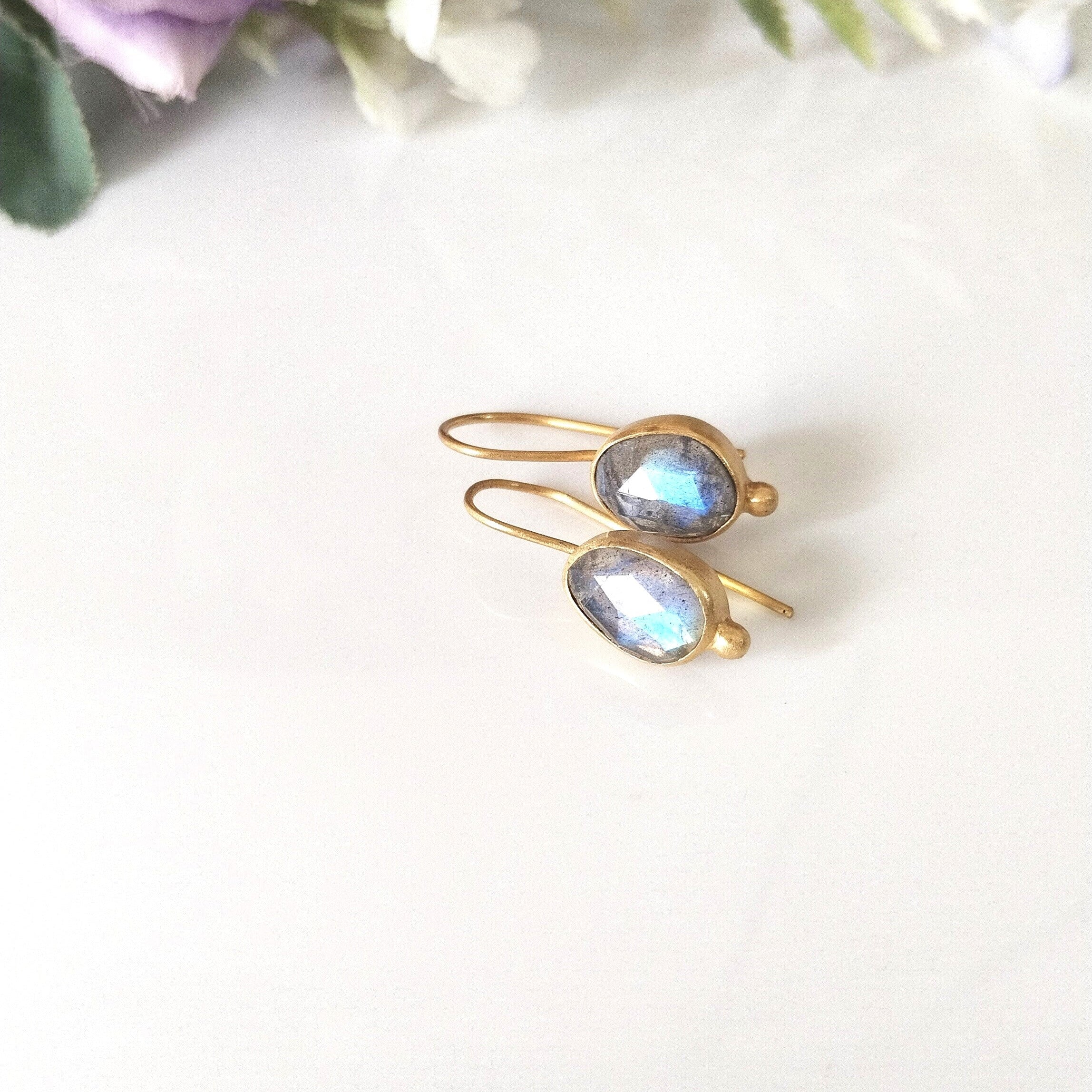 14k Gold Labradorite Earrings, Minimalist Stone Earrings, Gift For Her