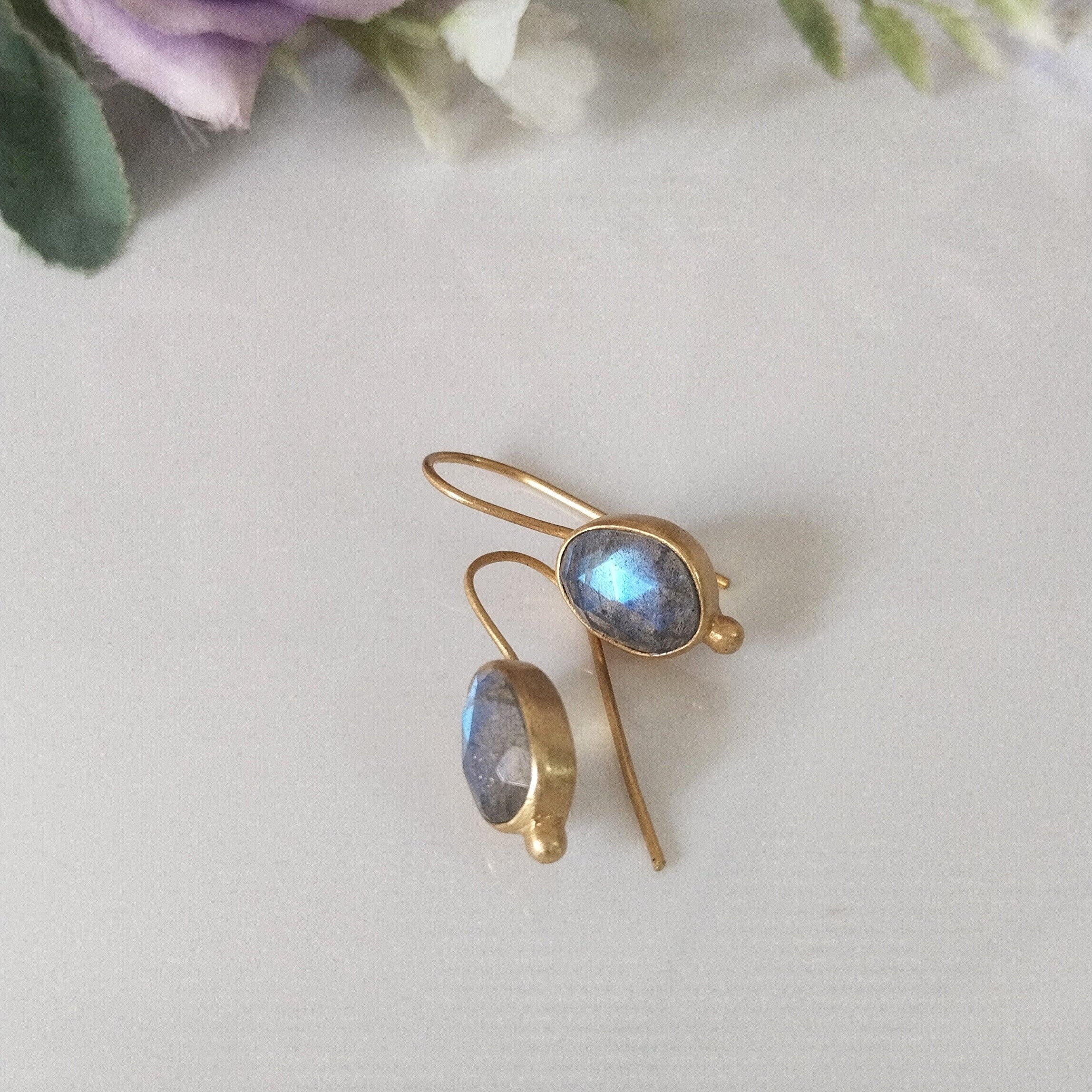 14k Gold Labradorite Earrings, Minimalist Stone Earrings, Gift For Her