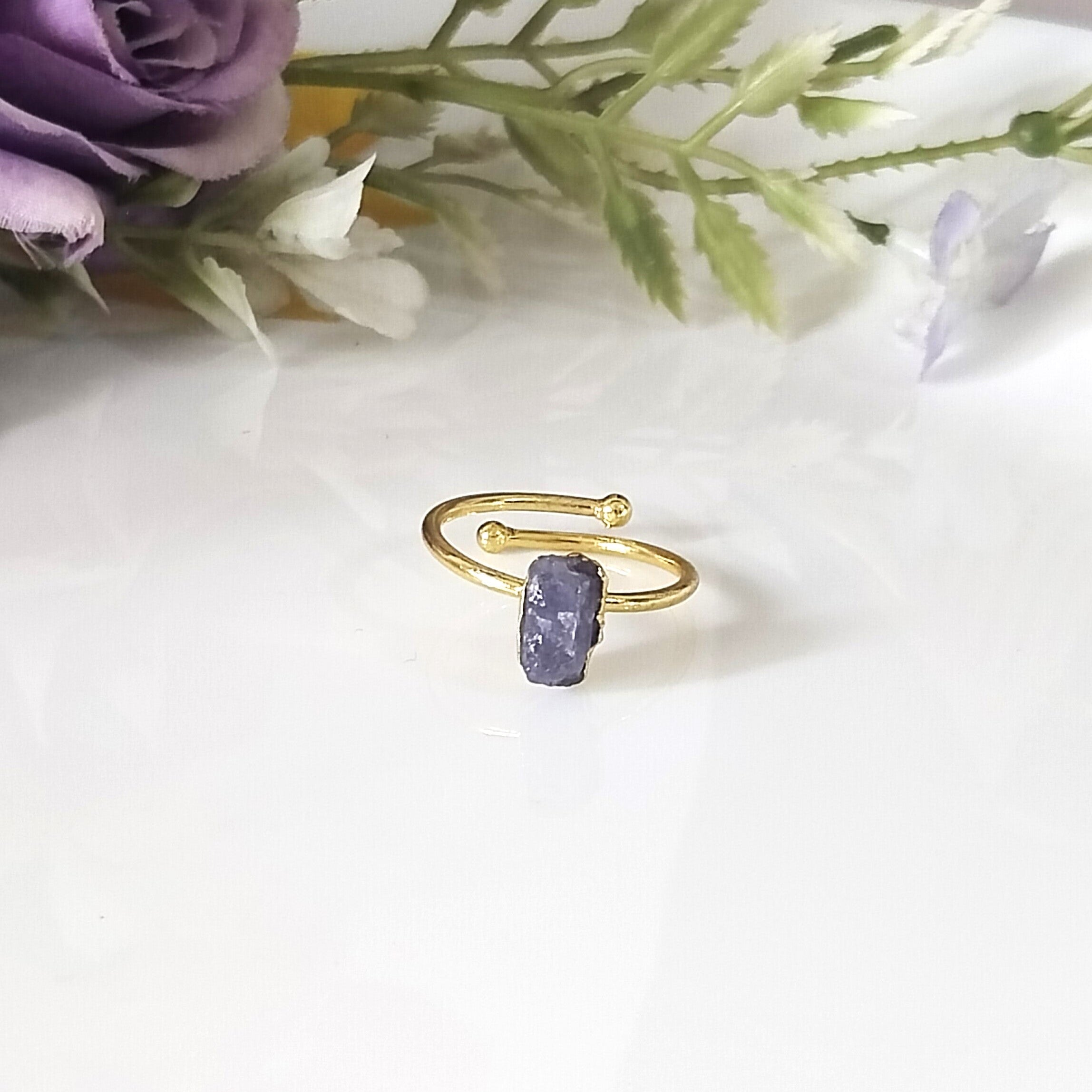 Blue Sapphire 14k Gold Ring, Row Sapphire Minimalist Adjustable Ring, Gift For Her