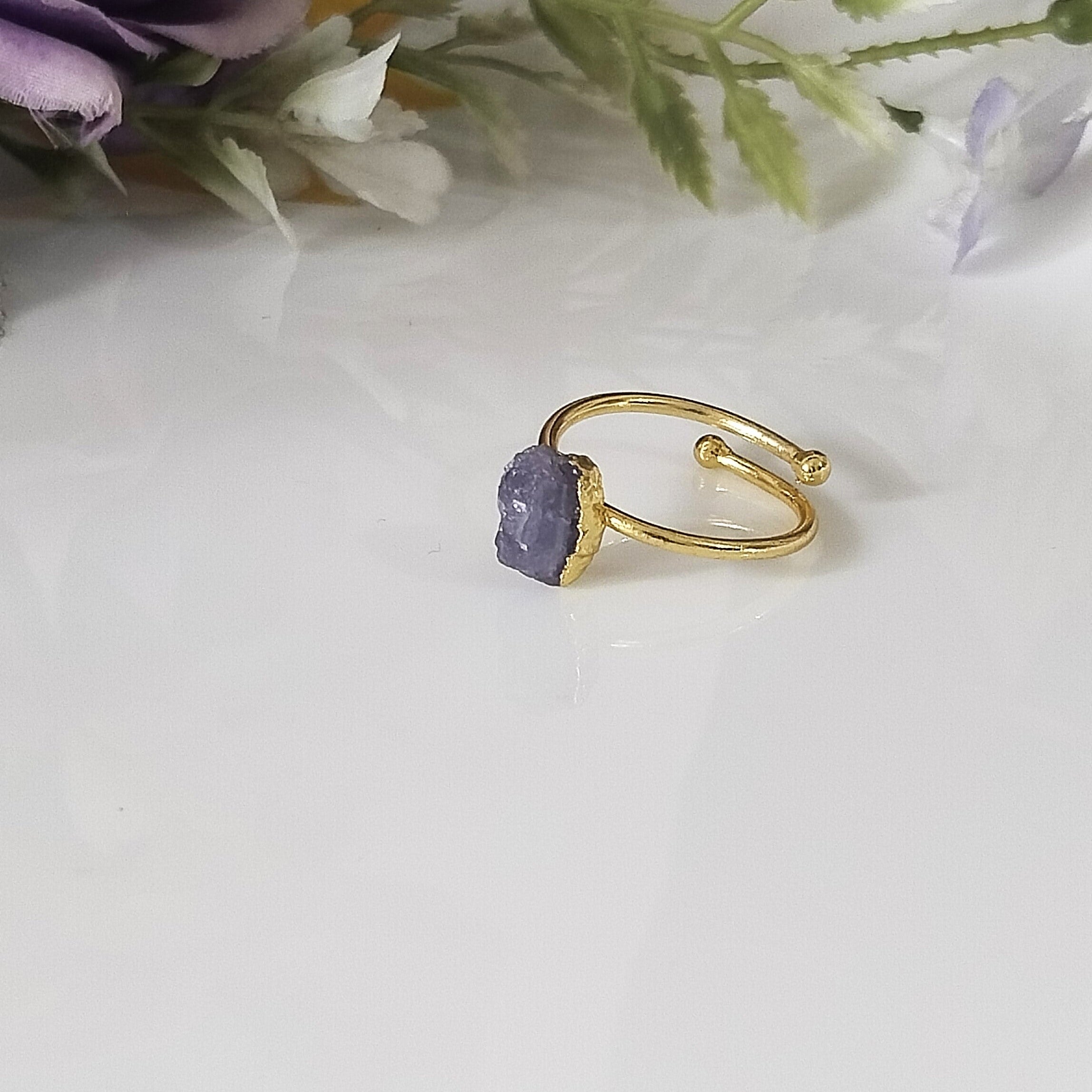 Blue Sapphire 14k Gold Ring, Row Sapphire Minimalist Adjustable Ring, Gift For Her