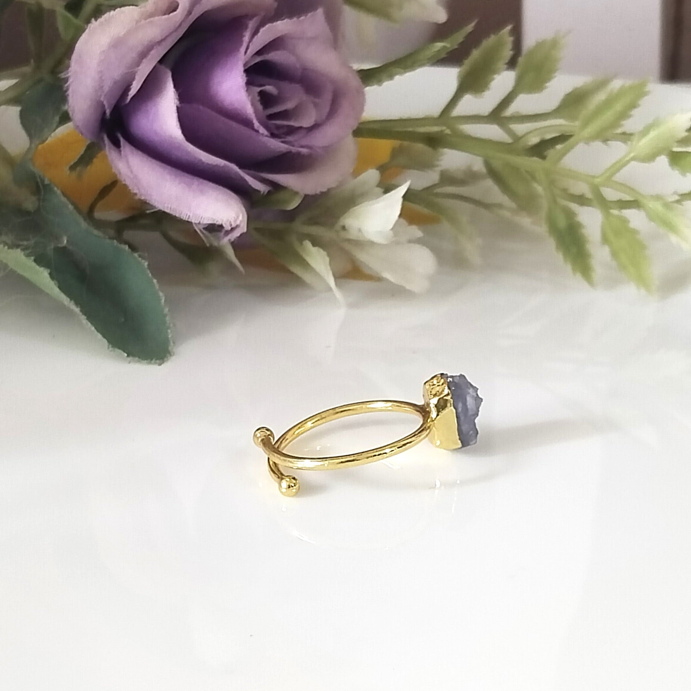Blue Sapphire 14k Gold Ring, Row Sapphire Minimalist Adjustable Ring, Gift For Her