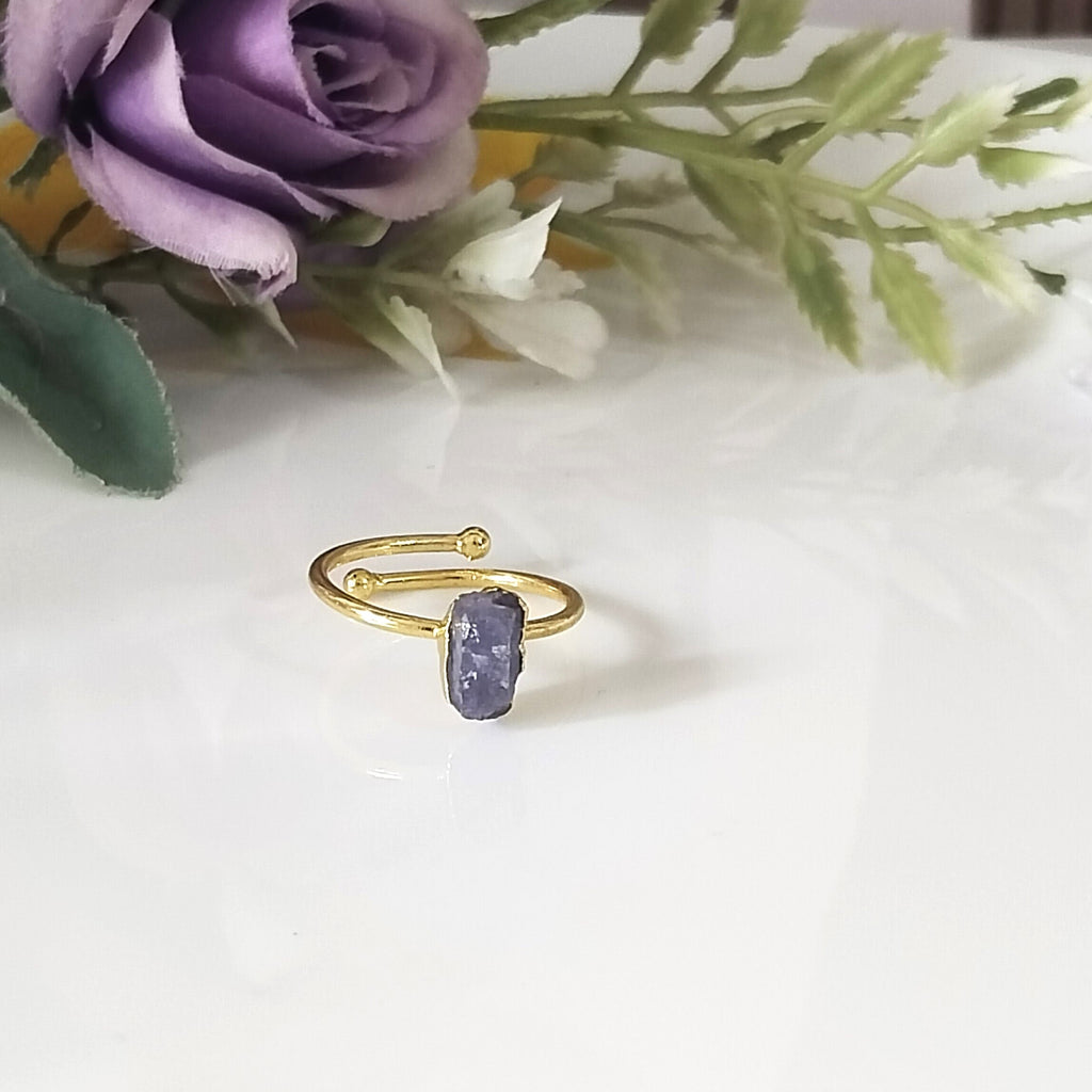 Blue Sapphire 14k Gold Ring, Row Sapphire Minimalist Adjustable Ring, Gift For Her