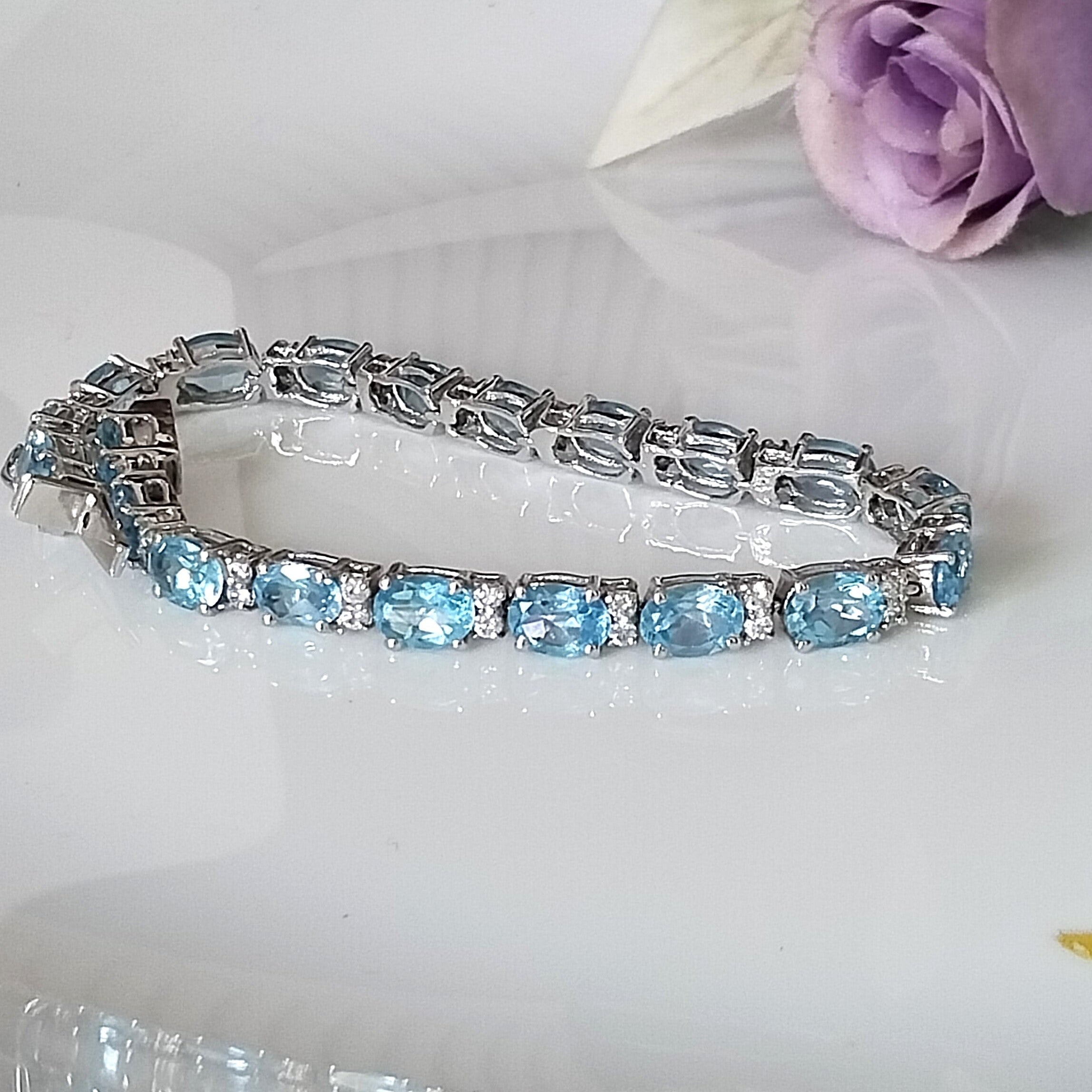 Blue topaz tennis bracelet, 14k white gold bracelet