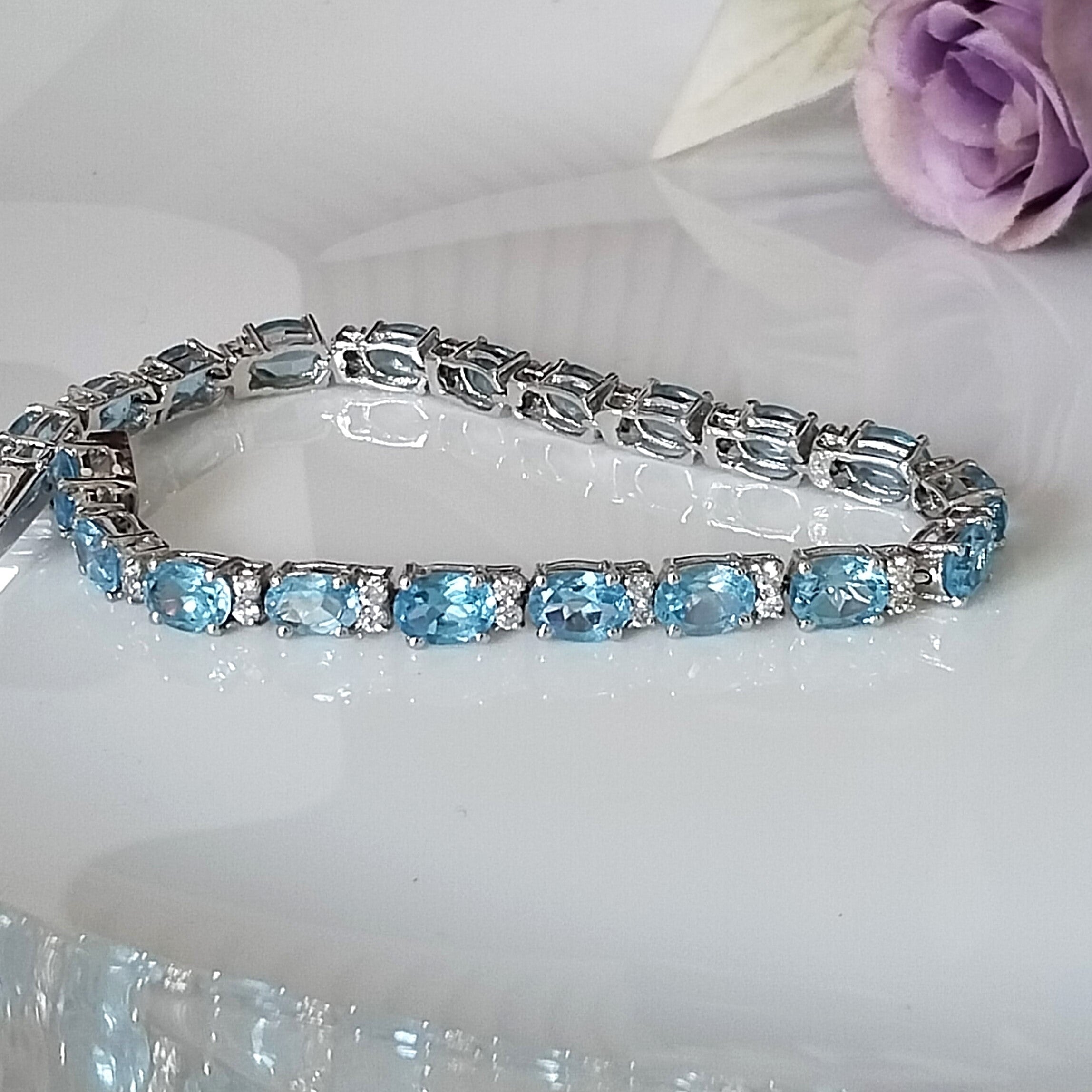 Blue topaz tennis bracelet, 14k white gold bracelet