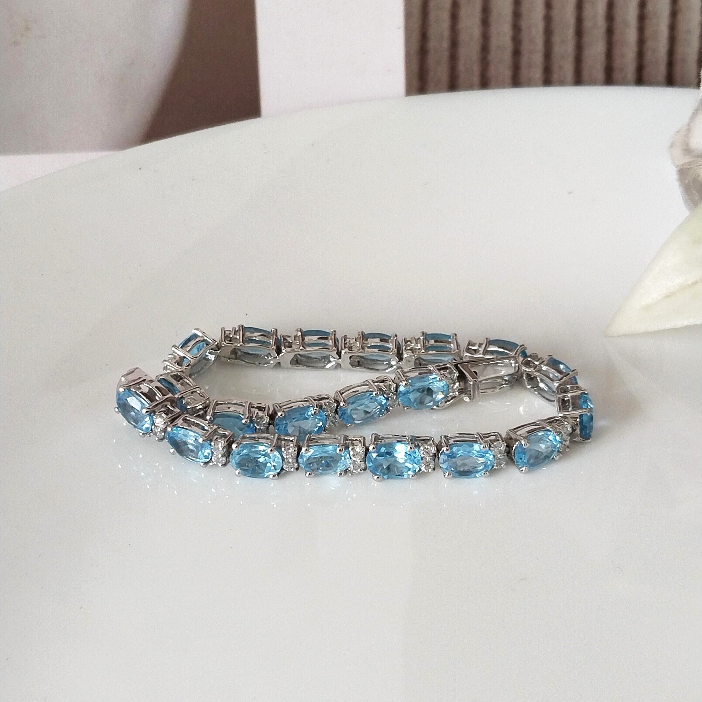 Blue topaz tennis bracelet, 14k white gold bracelet