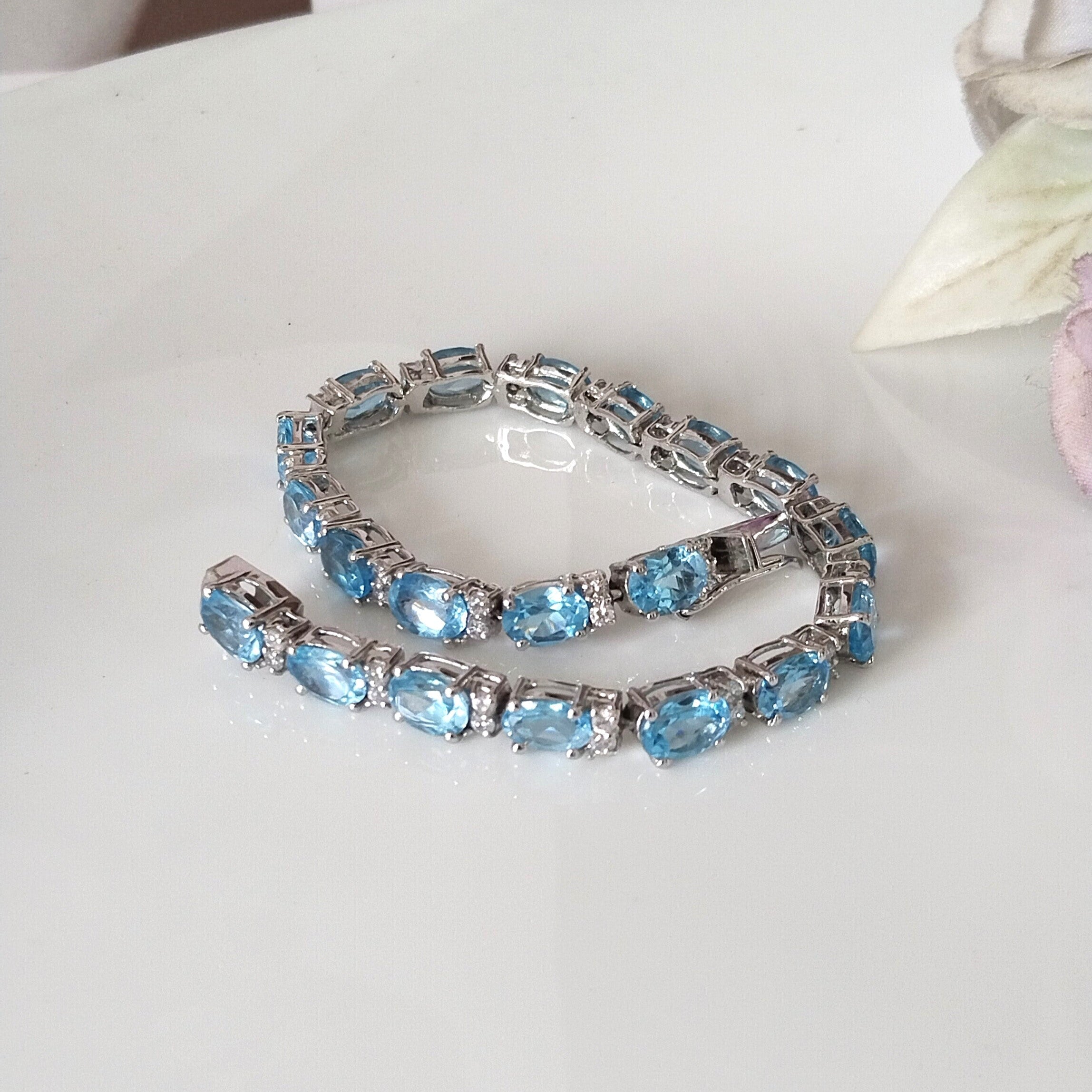 Blue topaz tennis bracelet, 14k white gold bracelet