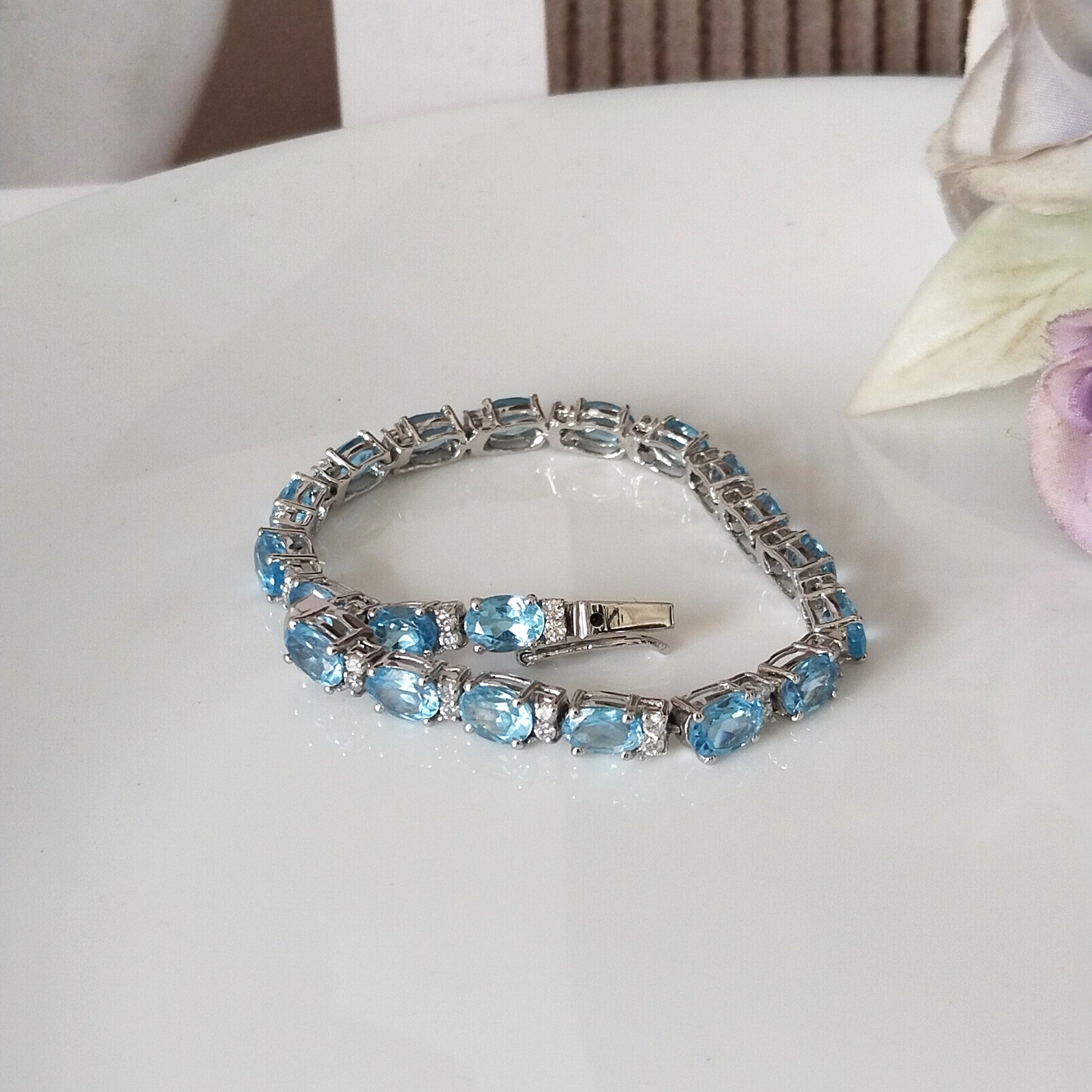 Blue topaz tennis bracelet, 14k white gold bracelet